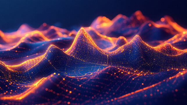 Vibrant data landscape with peaks and glowing nodes vibrant