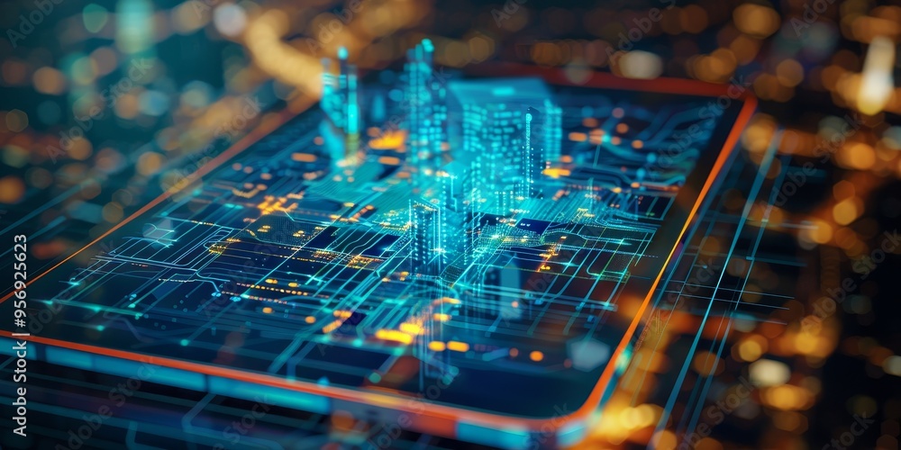 Leinwandbilder a tablet screen displaying a network map with a double exposure of a cityscape, emphasizing urban co