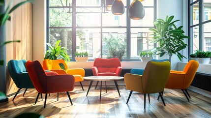 Fototapeta premium A contemporary lounge with vivid chairs and greenery, bathed in natural light from large windows.