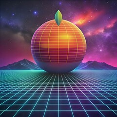 A retro futuristic 3D illustration of a glowing orb with a green leaf. set against a vibrant starry night sky and a gridded landscape.