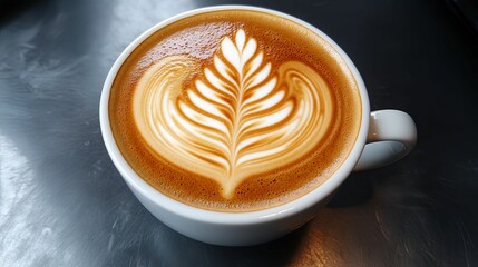 A cup of latte with intricate leaf art foam design
