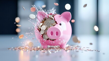 Shattered Piggy Bank, A broken piggy bank spills coins across a surface, symbolizing financial loss and the challenge of saving in difficult times, evoking a sense of urgency and concern.