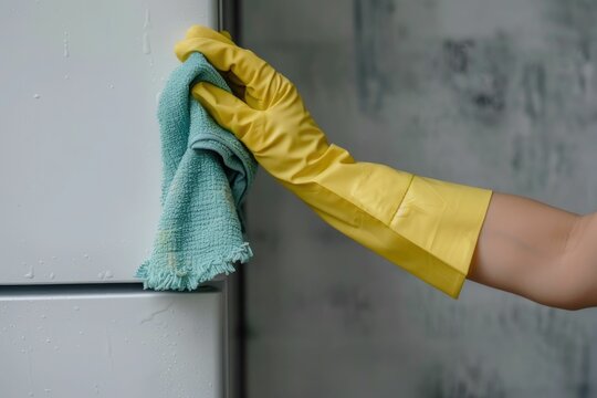 Woman's hand in yellow rubber protective glove cleaning white refrigerator with green rag on gray background