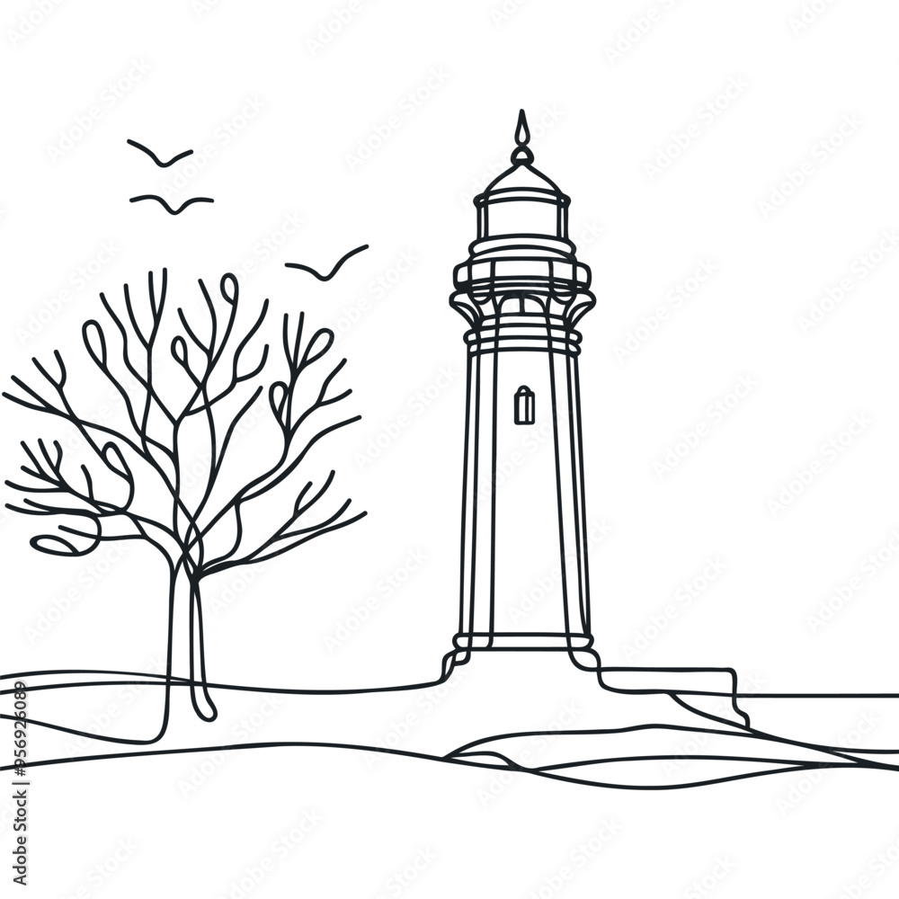 Poster continuous simple line drawing of lighthouse icon isolated on white background