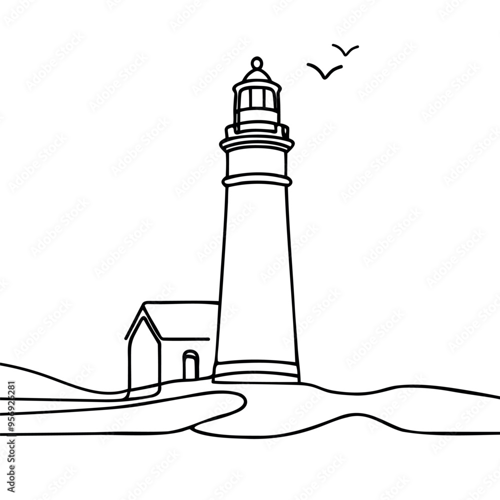 Poster continuous simple line drawing of lighthouse icon isolated on white background