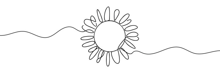 Sun continuous one line art drawing. Summer sun contour line sign. Vector illustration isolated on white.