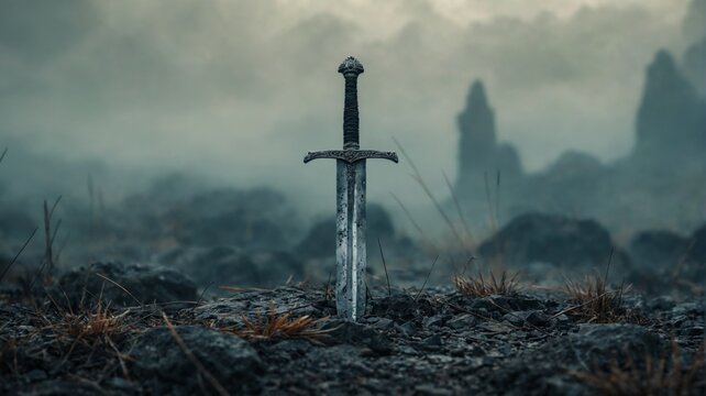 Close-up sword standing rocky ground has long curved A viking sw