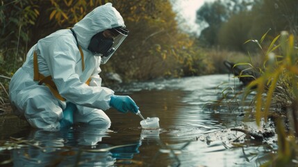 A person in protective gear collects a water sample from a stream in a natural, wooded area, emphasizing environmental research and fieldwork.