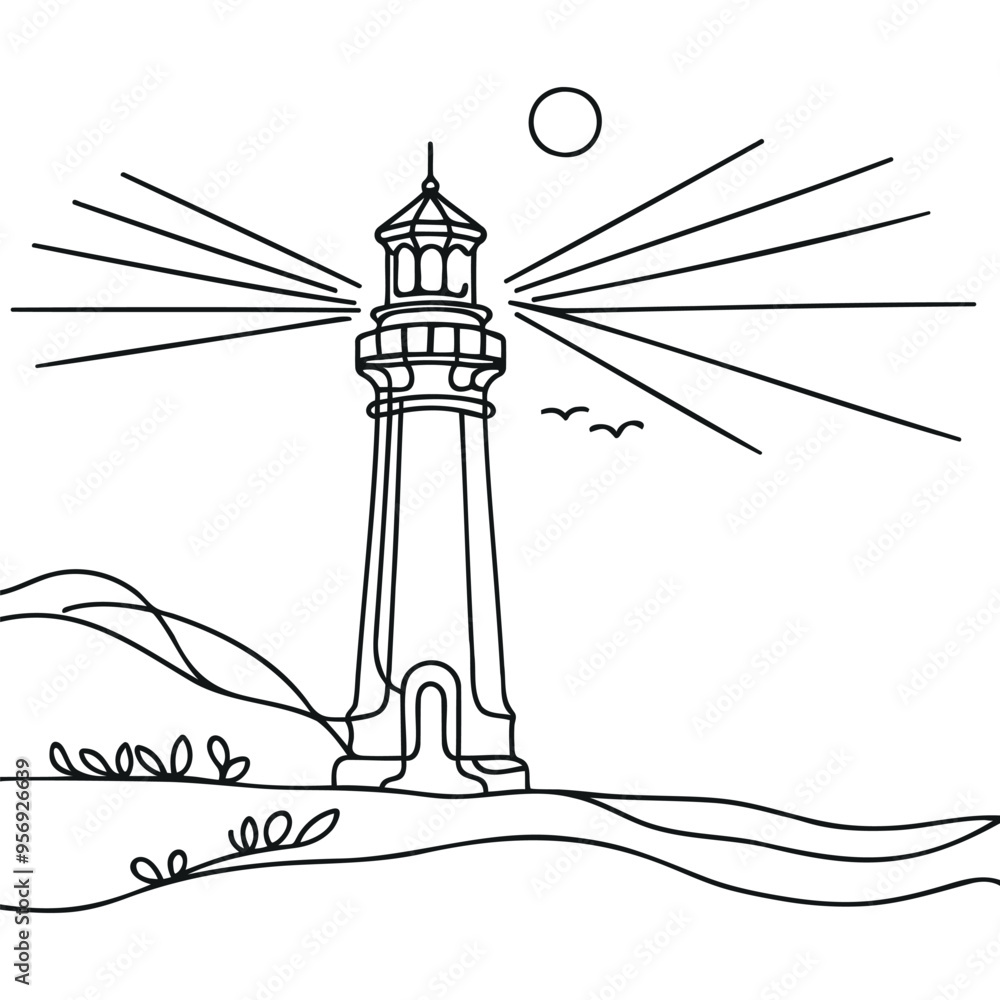 Poster continuous simple line drawing of lighthouse icon isolated on white background.