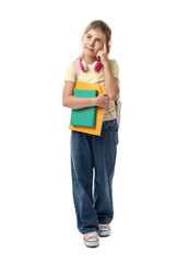 Girl with backpack and books on white background