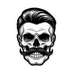 Fototapeta premium PNG. A strikingly detailed pop art sticker of a DJ skull adorned with a handlebar mustache and a stylish posh undercut haircut against a solid black background. Intricate Pop Art Sticker of DJ Skull
