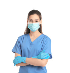 Beautiful nurse in medical mask and gloves on white background