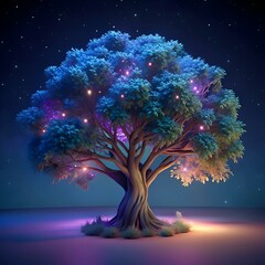 Enchanting 3D illustration of a glowing carob tree under a starry night sky.