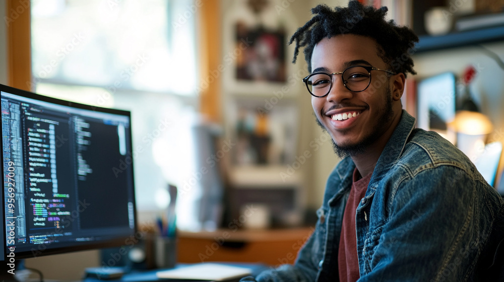 Poster young man coding at a computer desk in a bright, creative workspace during the daytime