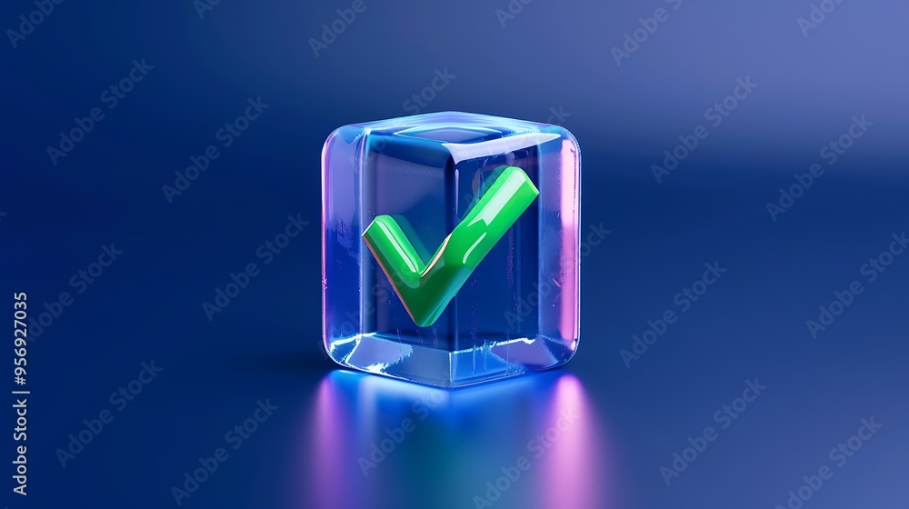 Poster 3d green checkmark within transparent cube on blue background, symbolizing validation, acceptance, o
