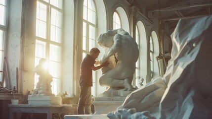 In a sunlit studio, a dedicated artist works intently on a large sculpture, capturing the essence of human form in intricate detail amidst surrounding statues.