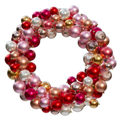 Christmas ornaments composition in the shape of wreath. Christmas balls in red, pink and gold colors on a transparent background. 3D render. Holiday decoration.