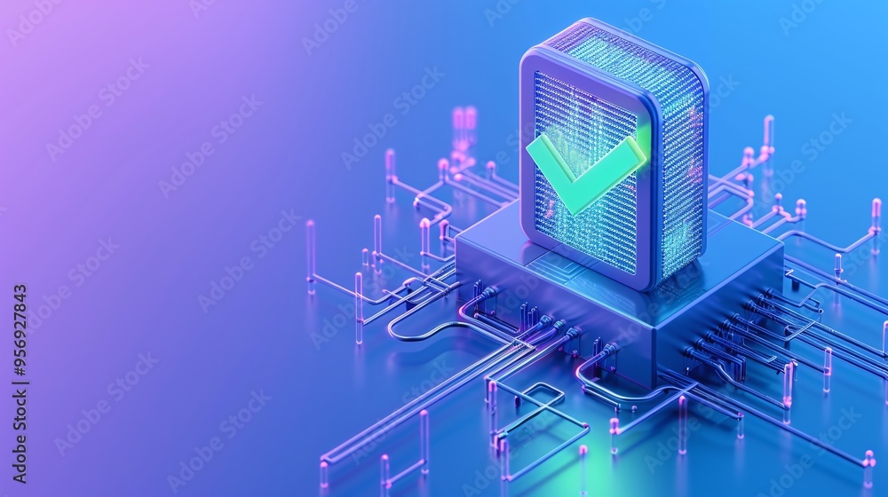 Poster 3d illustration of a checkmark symbol on a futuristic microchip, representing digital security and t