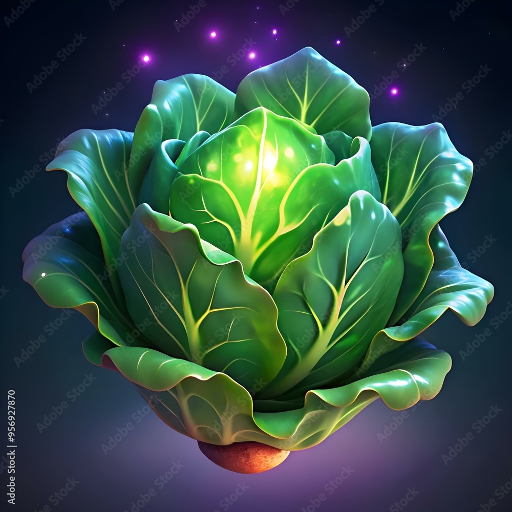 Aufkleber a vibrant 3d rendering of a lettuce. bursting with life and illuminated by magical lights.