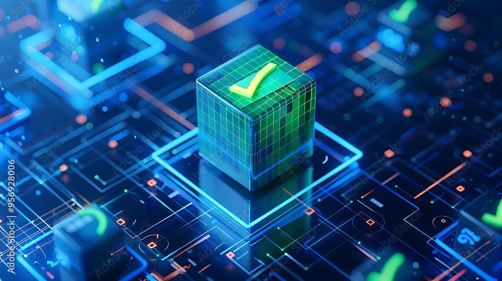 Poster 3d illustration of a futuristic technology concept with a digital checkmark in a glowing grid, repre