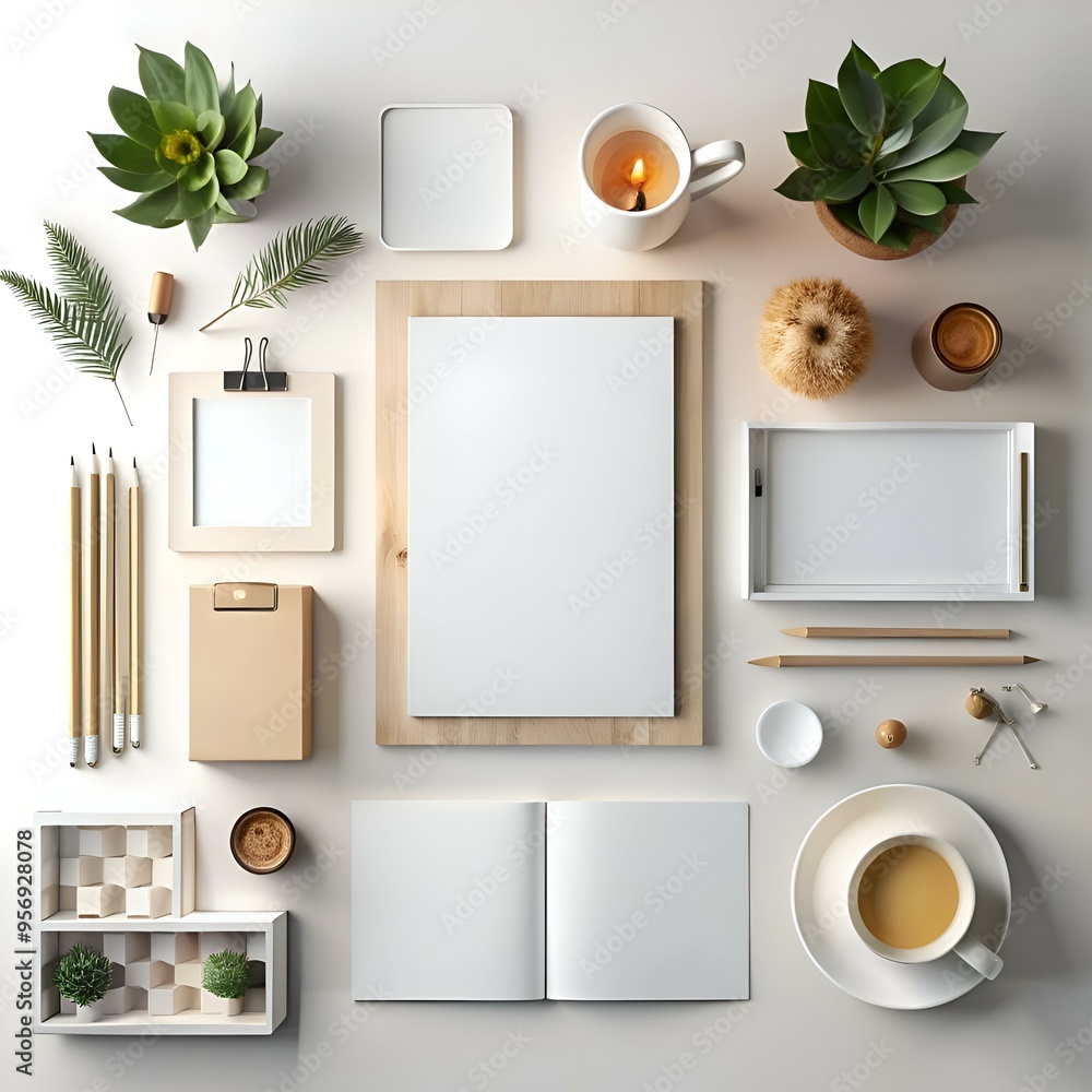 Poster a minimalist flat lay with blank stationery and lifestyle objects for branding. mockups. and design 