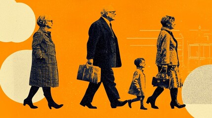 Illustration of people of different ages walking, symbolizing the journey through life stages and the importance of tracing pensions for financial security.