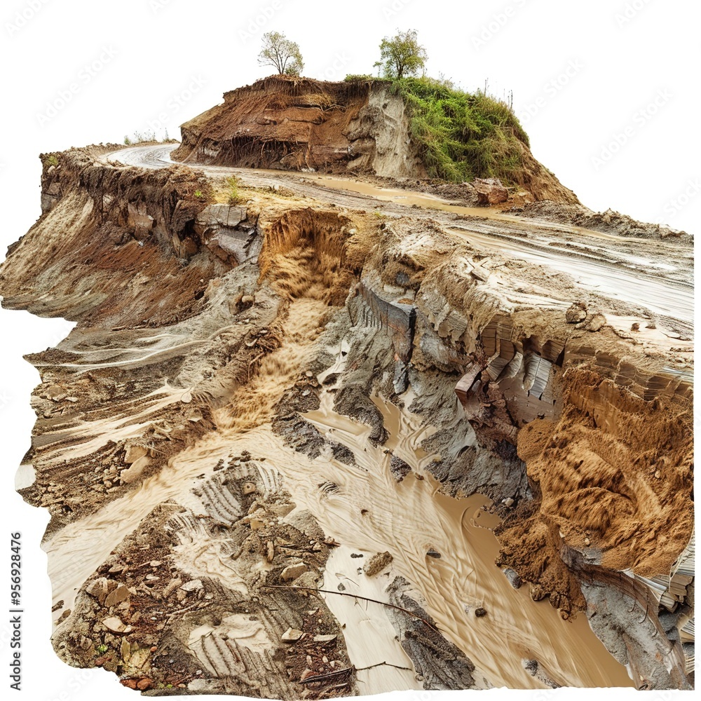 Wall mural Catastrophic Mudflow and Landslide on Transparent isolated on white background 