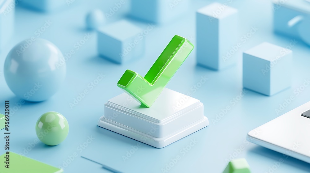 Poster 3d illustration of a green checkmark button on a light blue background with geometric shapes, repres