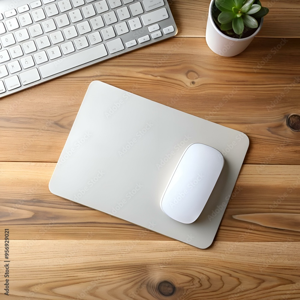 Poster minimalist workspace with a white mouse on a gray mouse pad and a keyboard on a wooden desk.