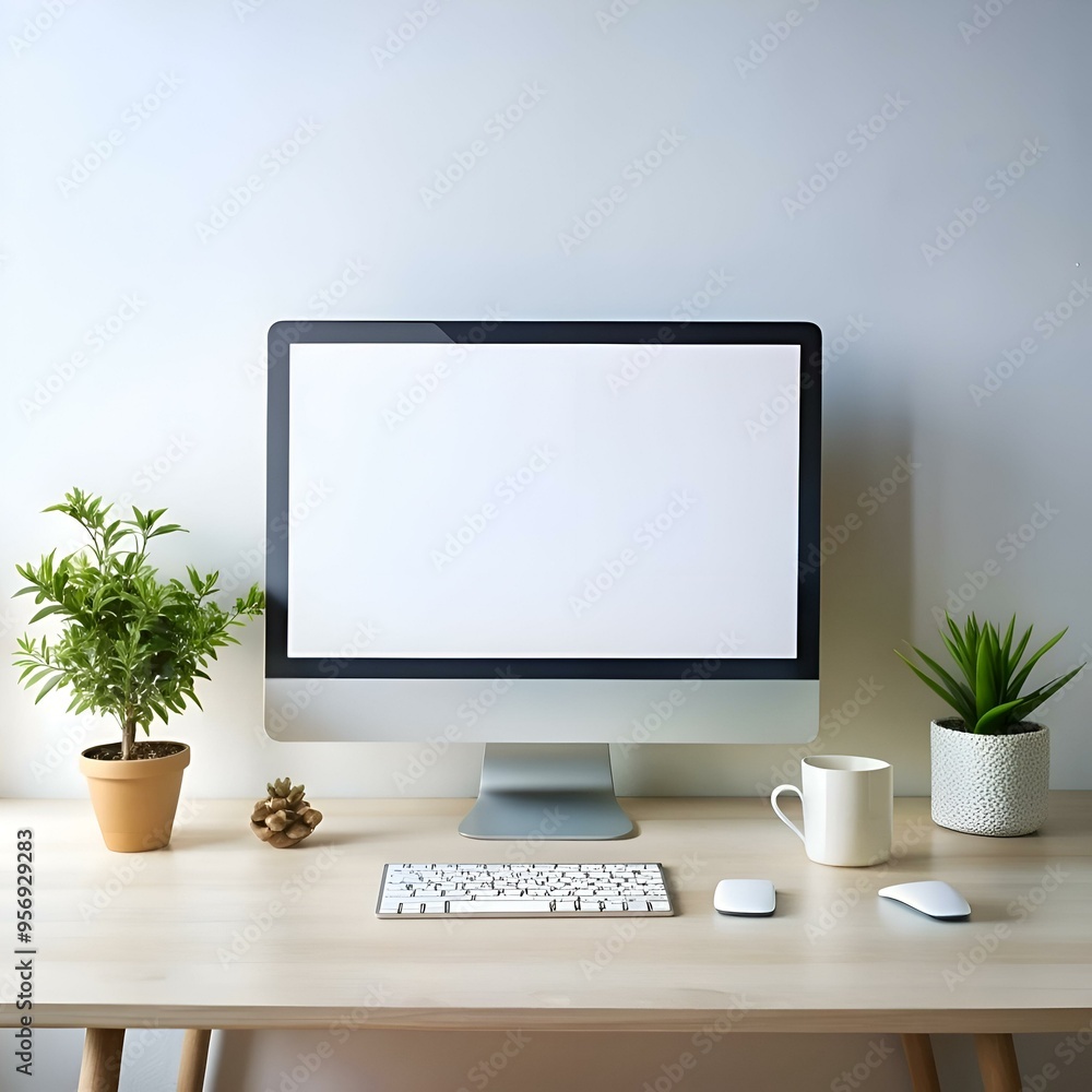 Poster modern minimalist workspace with a blank computer screen. keyboard. mouse. mug. and plants.