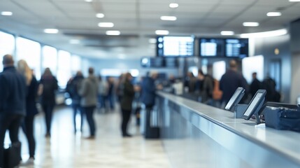 Bustling airport terminal with passengers queuing at check-in counters, electronic displays overhead, and self-service kiosks in foreground, capturing modern travel.
