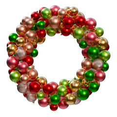 Christmas ornaments composition in the shape of wreath. Christmas balls in different colors on a transparent background. 3D render. Holiday decoration.