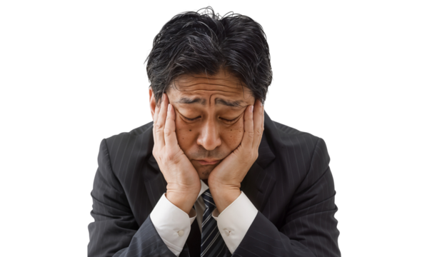 Japanese businessman looking frustrated, appearing stressed and tired, isolated on transparent background - Powered by Adobe