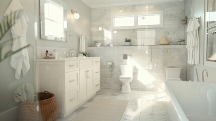 designed modern bathroom featuring a sleek freestanding bathtub, white herringbone tile walls, and green plants
