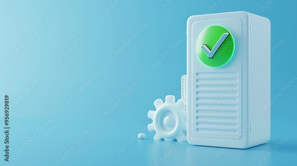 Poster 3d illustration of a server with a green check mark icon on a blue background representing data secu