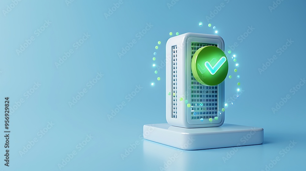 Wall mural 3d illustration of a server with a green checkmark symbolizing data security and efficient network s