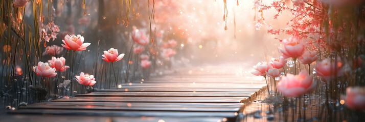 Oriental dreamy background, blurred flowers arrangement, moody warm light composition oriental product scene 