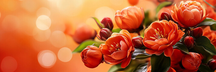 Orange flowers moody background, blurred flowers, orange red colours floral composition 