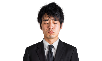 Portrait of a businessman looking frustrated, appearing stressed and tired, isolated on transparent background