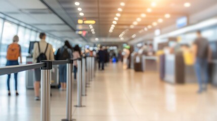Fototapeta premium Blurred image of a busy airport terminal with check-in counters and queuing passengers, showcasing modern travel infrastructure and bustling atmosphere.