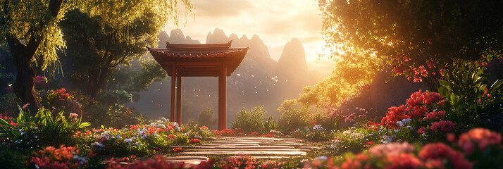 Oriental dreamy background, blurred flowers arrangement, moody warm light composition oriental product scene 