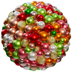 Christmas ornaments composition in the shape of sphere. Christmas balls in different colors on a transparent background. 3D render. Holiday decoration.