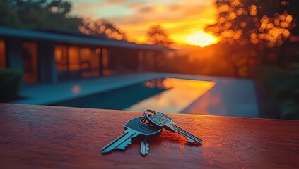 Fototapeta premium keys on a table in front of a modern house, during the golden hour