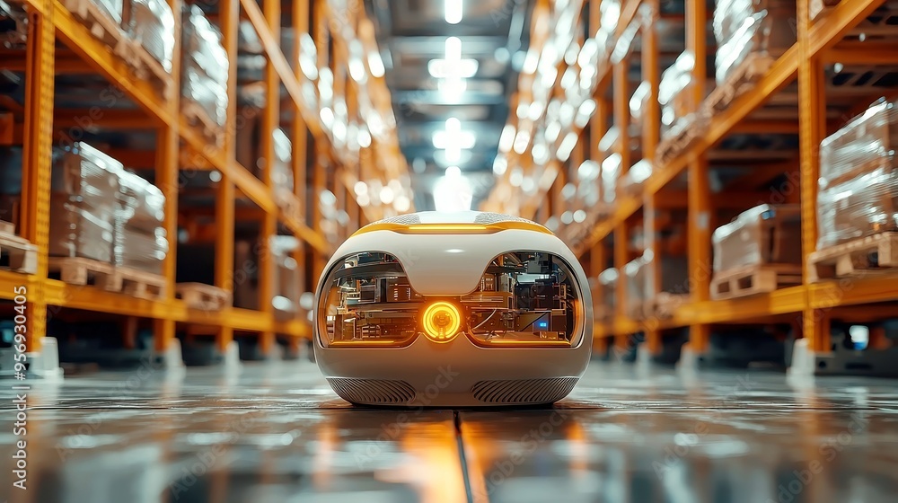 Poster automated warehouse dynamics, showcasing intelligent robots optimizing logistics operations, maximiz