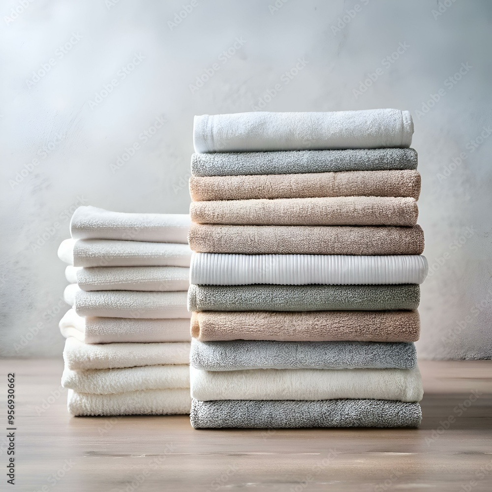 Poster a neatly stacked pile of plush towels in various colors. perfect for adding a touch of spa like eleg