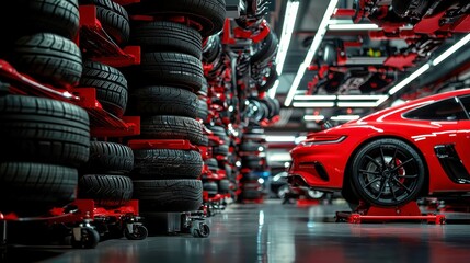 Automotive Showcase, A vibrant showroom displaying neatly arranged tire stacks, emphasizing vehicle maintenance with ample free space for customer interaction.
