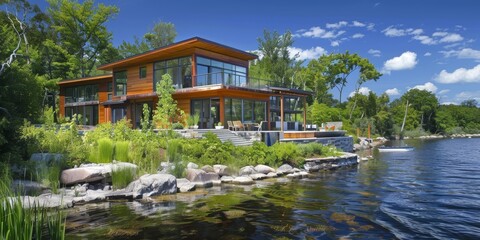 Obraz premium A lakeside eco house with energy-efficient windows and eco-friendly lakeshore landscaping