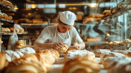 Baker's Delight, Woman preparing artisanal confections in a cozy bakery, surrounded by fresh ingredients and an inviting atmosphere, showcasing her passion for baking