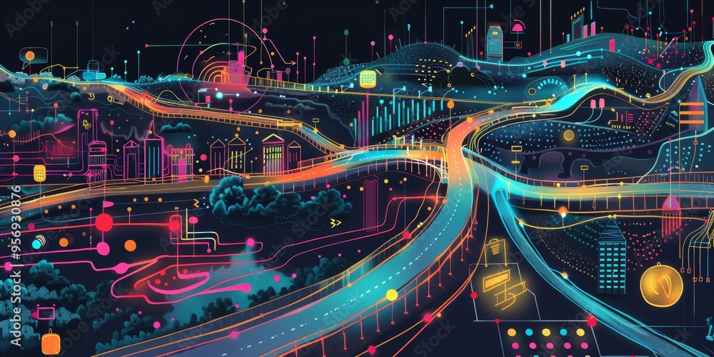 Fototapete a digital roadmap illustrating the evolution and history of data structures from traditional to mode