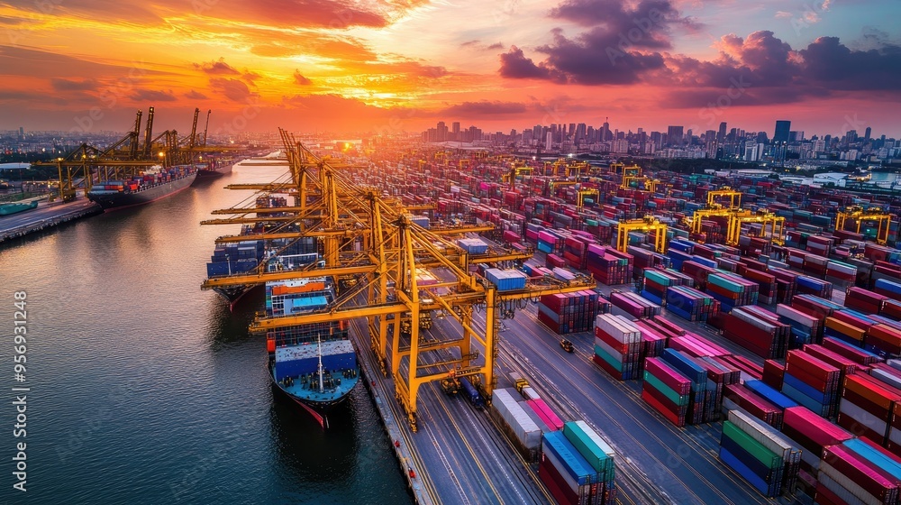 Poster panoramic view of a sea port with multiple cranes in operation, overseeing container loading and unl
